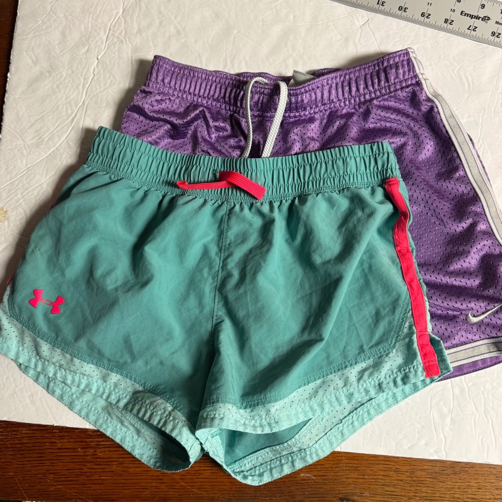 Girls Nike Purple Mesh & Under Armour Teal Pink Athletic Shorts Bundle Size L